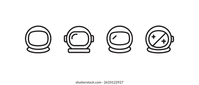 Set of four simple outline space helmets icons in black and white.