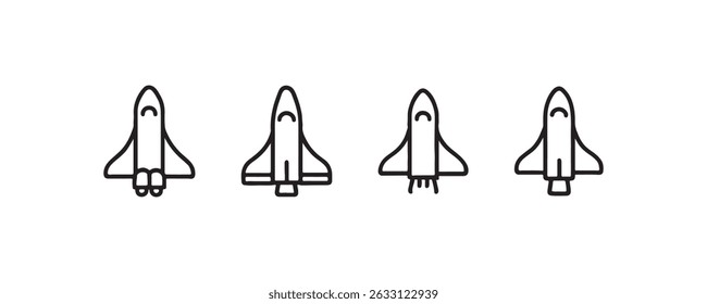 Set of four simple rocket and shuttle icons in black outline on white background.