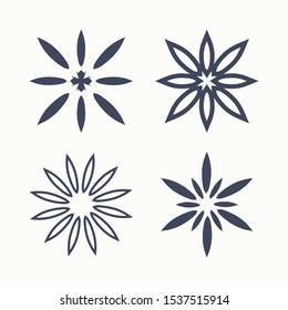 Set of four simple star stencil patterns. The shape typed from the laconic rays of the petals is possible plotter cutting.