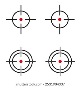 Conjunto de quatro ícones alvo simples com centros vermelhos, ideal para conceitos de precisão ou foco.