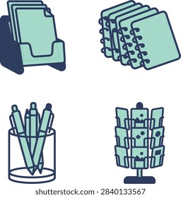 A set of four simple vector icons representing office supplies including paper trays, notebooks, pen holders, and a postcard display rack.