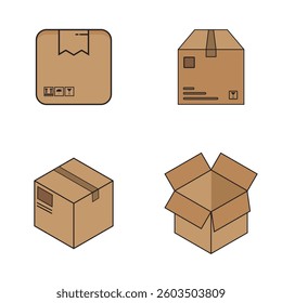 Set of four simple vector illustrations of cardboard boxes in different states: closed, partially open, and fully open. Perfect for e-commerce, shipping, delivery, and packaging related designs. Clean