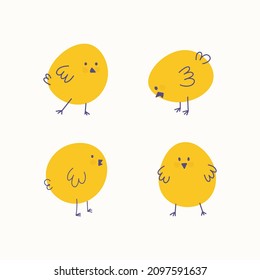 Set of four simple yellow chicks, chicken. Vector minimalistic elements for Easter, childrens or animal designs.