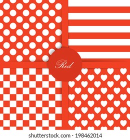 Set of four simply flat geometric patterns. Seamless red  background.