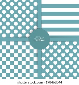 Set of four simply flat geometric patterns. Seamless blue background.