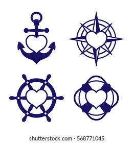 Set of four single color blue icons - marine theme with hearts inside shapes of anchor, compass, ship steering wheel and lifebuoy. Vector Illustration