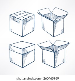 Set with four sketch boxes. open and closed boxes. hand-drawn illustration