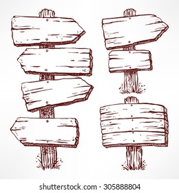 set of four sketch wooden billboards. hand-drawn illustration