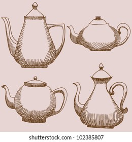 Set of four sketched teapots