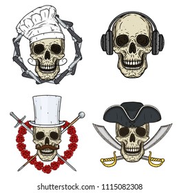 Set of four skulls, chef, melomaniac, gentleman and pirate. Vector skull