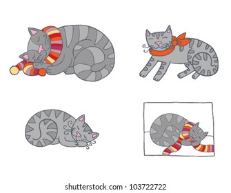 Set of four sleeping grey cats