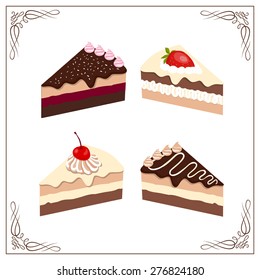 Set of four slice of cake with chocolate, vanilla, cherry and strawberry isolated on white background. Sween design element. Vector illustration.