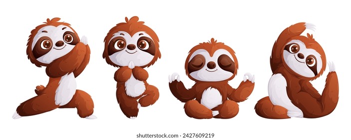 A set of four sloths doing yoga in different poses. Cute Sloth is meditating. Cartoon style, vector