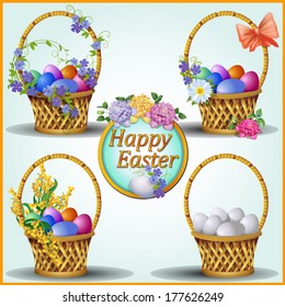 Set from four small baskets, filled with the Easter colored eggs. Basket are decorated by different flowers.