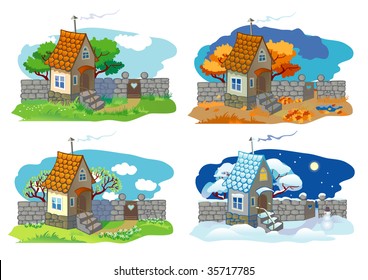 Set from four small houses during different seasons of year