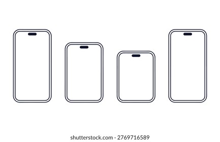 A set of four smartphone outlines in various sizes, drawn in black lines on a clean white background, showcasing different mobile device dimensions