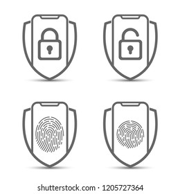 Set of four smartphone secure icons, monochrome style, vector
