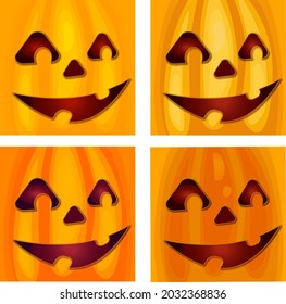 Set of four smiling Halloween pumpkin faces square backgrounds. Carved pumpkin