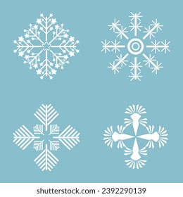 Set of Four snowflakes, Winter set of white snowflakes isolated on light blue background. Snowflake icons. Snowflakes collection for design Christmas
