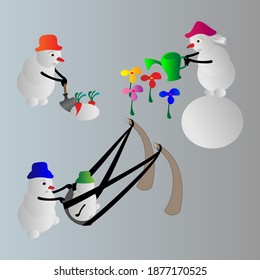 Set of four snowmen in different poses. Vector illustration.
