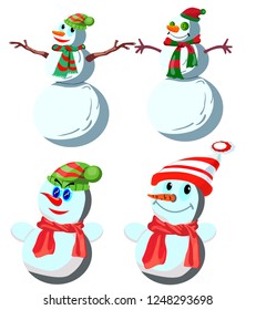 Set of four snowmen in various hats and in different scarves, vector, on a white background
