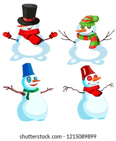 Set of four snowmen in various headdresses and in different scarves, vector, on a white background