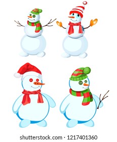 Set of four snowmen in various headdresses and in different scarves, vector, on a white background