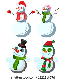 Set of four snowmen in various headdresses and in different scarves, vector, on a white background