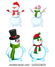 Set of four snowmen in various headdresses and in different scarves, vector, on a white background