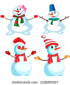 Set of four snowmen in various headdresses and in different scarves, vector, on a white background