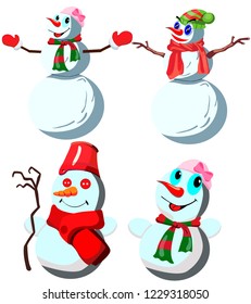 Set of four snowmen in various headdresses and in different scarves, vector, on a white background