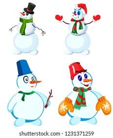 Set of four snowmen in various headdresses and in different scarves, vector, on a white background