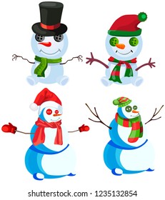 Set of four snowmen in various headdresses and in different scarves, vector, on a white background