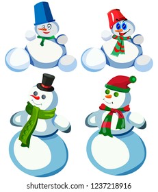 Set of four snowmen in various headdresses and in different scarves, vector, on a white background
