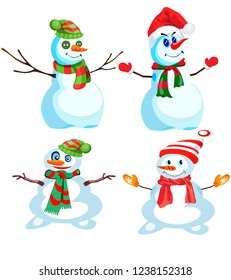 Set of four snowmen in various headdresses and in different scarves, vector, on a white background