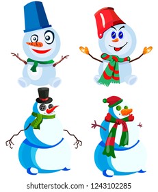 Set of four snowmen in various headdresses and in different scarves, vector, on a white background