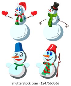 Set of four snowmen in various headdresses and in different scarves, vector, on a white background