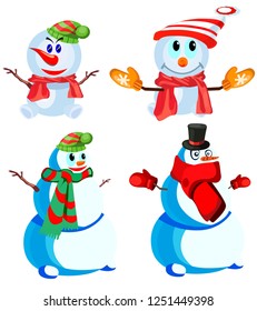 Set of four snowmen in various headdresses and in different scarves, vector, on a white background