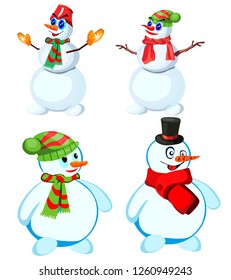 Set of four snowmen in various headdresses and in different scarves, vector, on a white background