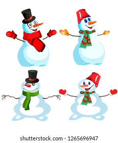 Set of four snowmen in various headdresses and in different scarves, vector, on a white background