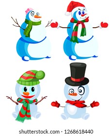Set of four snowmen in various headdresses and in different scarves, vector, on a white background