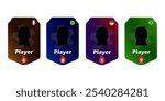Set of four soccer player cards with flags and level icons. Vector template for game profiles and collectibles.
