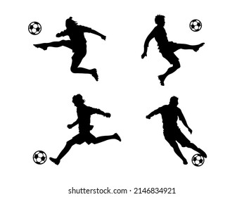 Set of four soccer player silhouette. Flat black figures. Footballer playing with a ball.