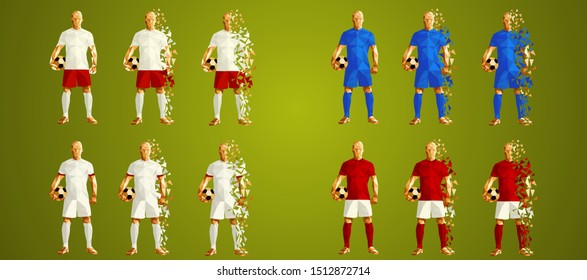 set of four soccer teams wearing colourful uniforms, isolated on a green background, vector illustration, Champion's league group G , Football, set 7/24, Leipzig, Zenit, Lyon, Benfica