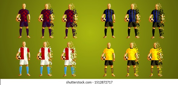 set of four soccer teams wearing colourful uniforms, isolated on a green background, vector illustration, Champion's league group F , Football.  Set 6/24, Slavia, Inter, Borussia, Barcelona