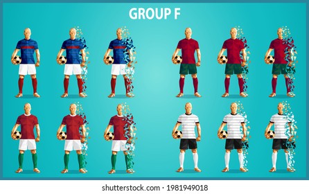 set of four soccer teams wearing colourful uniforms, isolated on a green background, soccer football european tournament, Group F, France, Portugal, Hungary, Germany, vector illustration