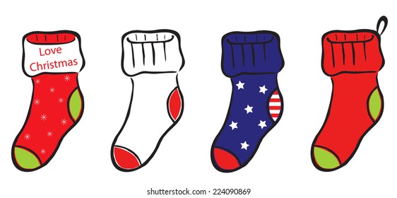 Set of four socks on winter, Christmas and America flag theme