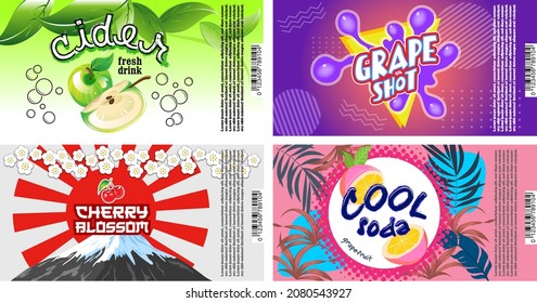 Set of four soda label designs including green apple, Grape, cherry and lemon with funky texts in tropical style