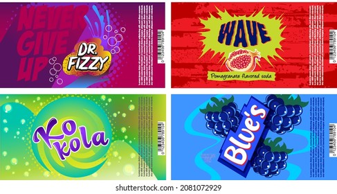 Set of four soda label designs including grape, pomegranate, lime, and blackberry with funky texts