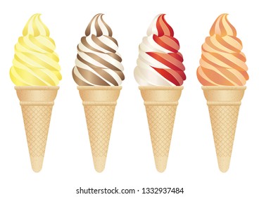 Set of four soft serve ice creams isolated on a white background, vector illustration.